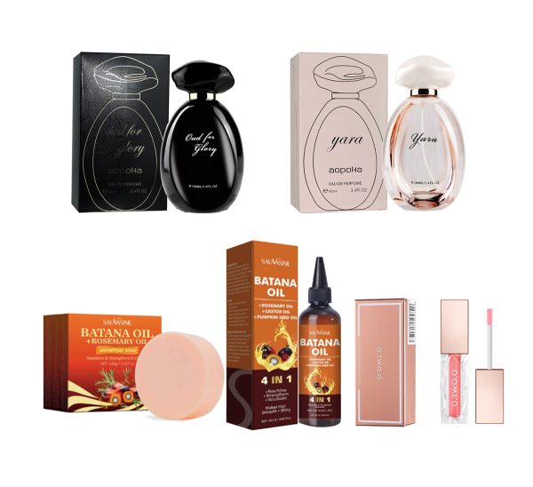 Zhen beauty care 6PCS caixa de presente- copo não-tocante lábio mel + perfume duplo para homens e mulheres & óleo de tratamento de cabelo batana & rosemary limpeza profunda shampoo sabão