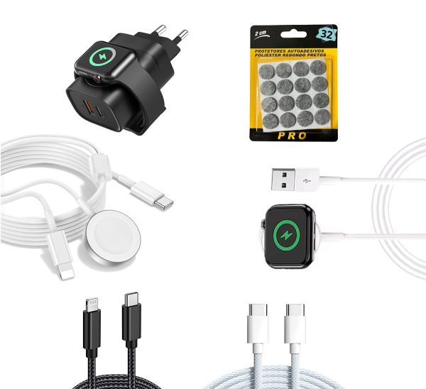 Tapetes para pés da mesa+Cabo de carregamento Lightning para typeC+Cabo de carregamento duplo type-c+Cabo de carregamento duplo para relógio com conector c+Bloqueio de carregamento preto+Cabo de carregamento para relógio USBA